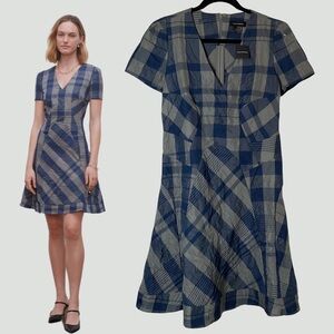 Club Monaco Plaid Seamed V-Neck Dress | Blue | 2 | NWT